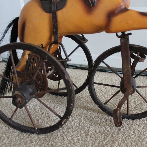 Antique 17.5"Tall x 16" Wood & Cast Iron Leather Saddle Horse Trike - Picture 2 of 16